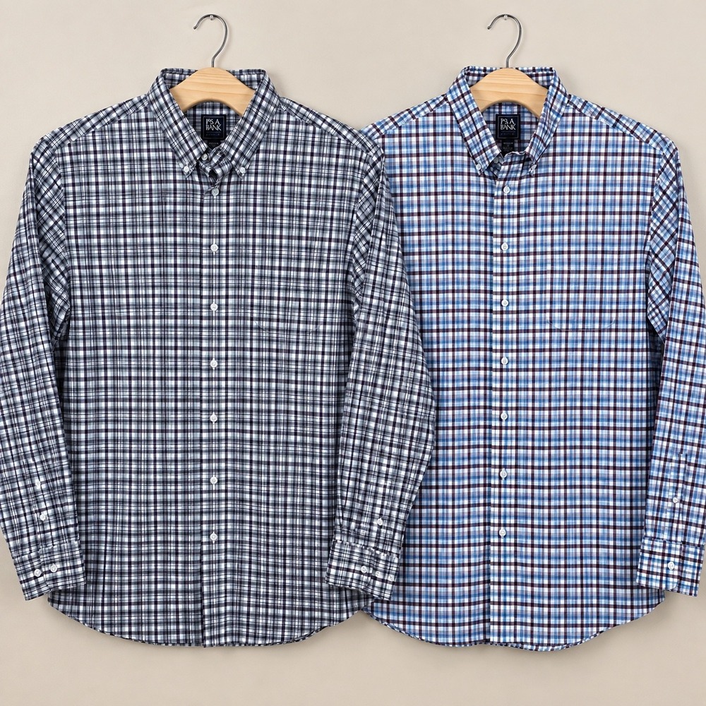 LOT of 2 Jos. A. Bank Traveler Button Down Men XL Long Sleeve Tailored Fit Plaid